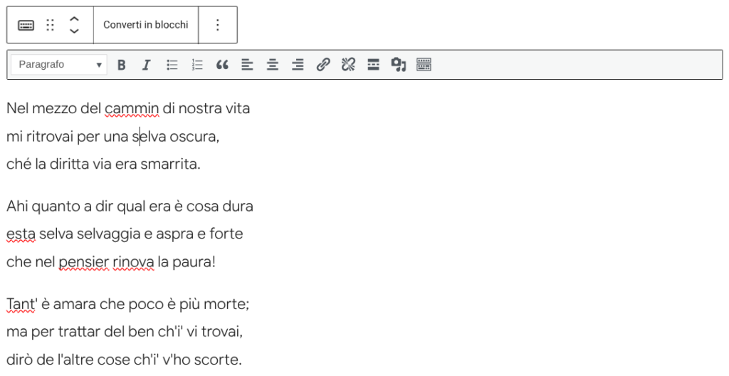 Blocco Classic Editor di Gutenberg