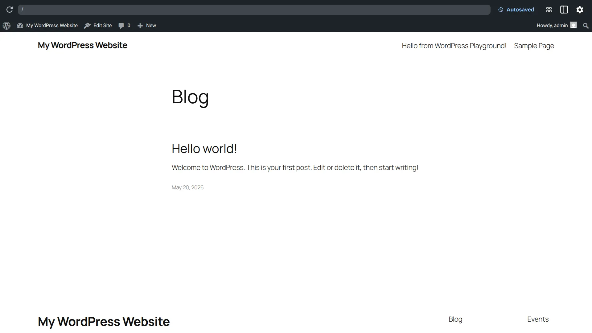 Come appare WordPress Playground appena si avvia: a tutti gli effetti, sei sul front end di una installazione WordPress pulita e funzionante con il tema di default installato e attivo.